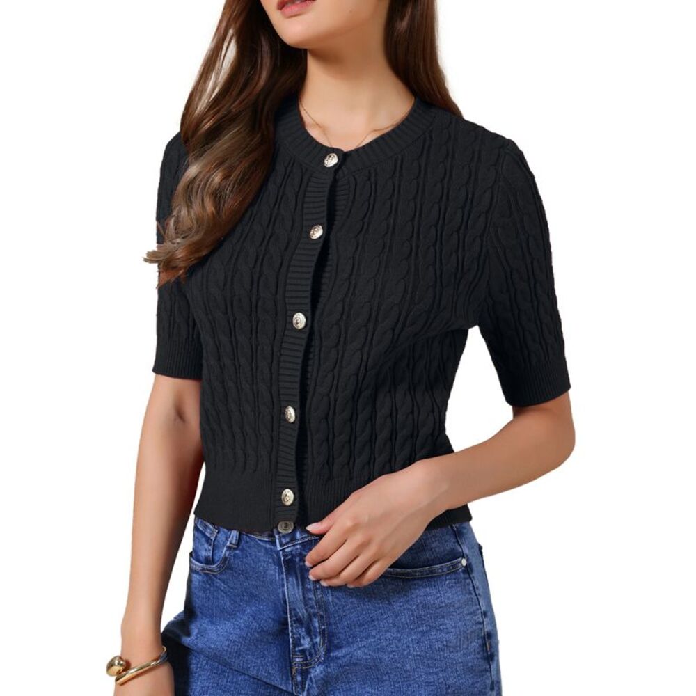 Women Casual Summer Button Down Cable Knit Crop Cardigan Black